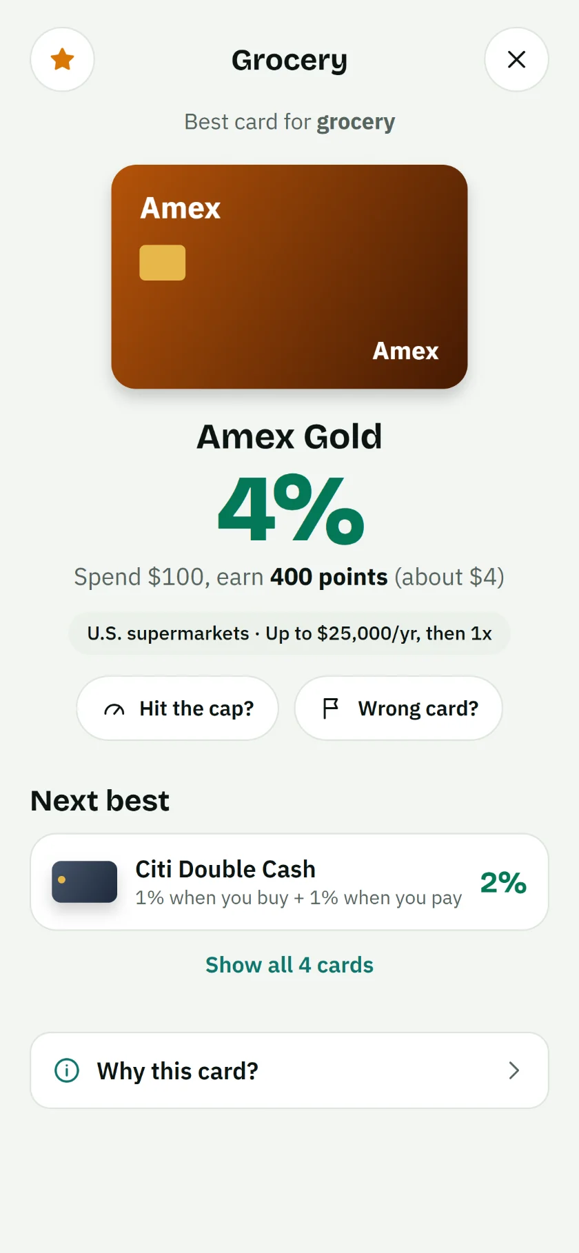 Answer screen showing Amex Gold at 4% for groceries, with Citi Double Cash as next best