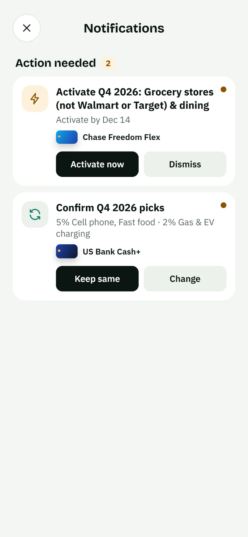 Notifications screen with a reminder to activate the Q4 bonus by December 14
