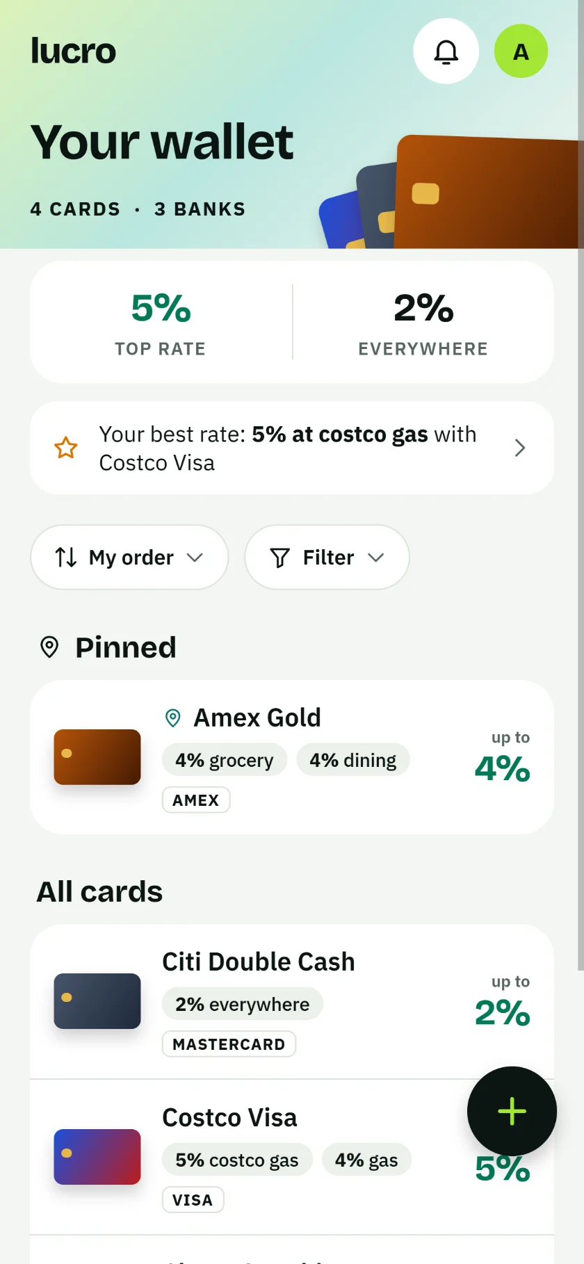 Wallet screen with a 5% top rate, 2% everyday rate and each card's best categories